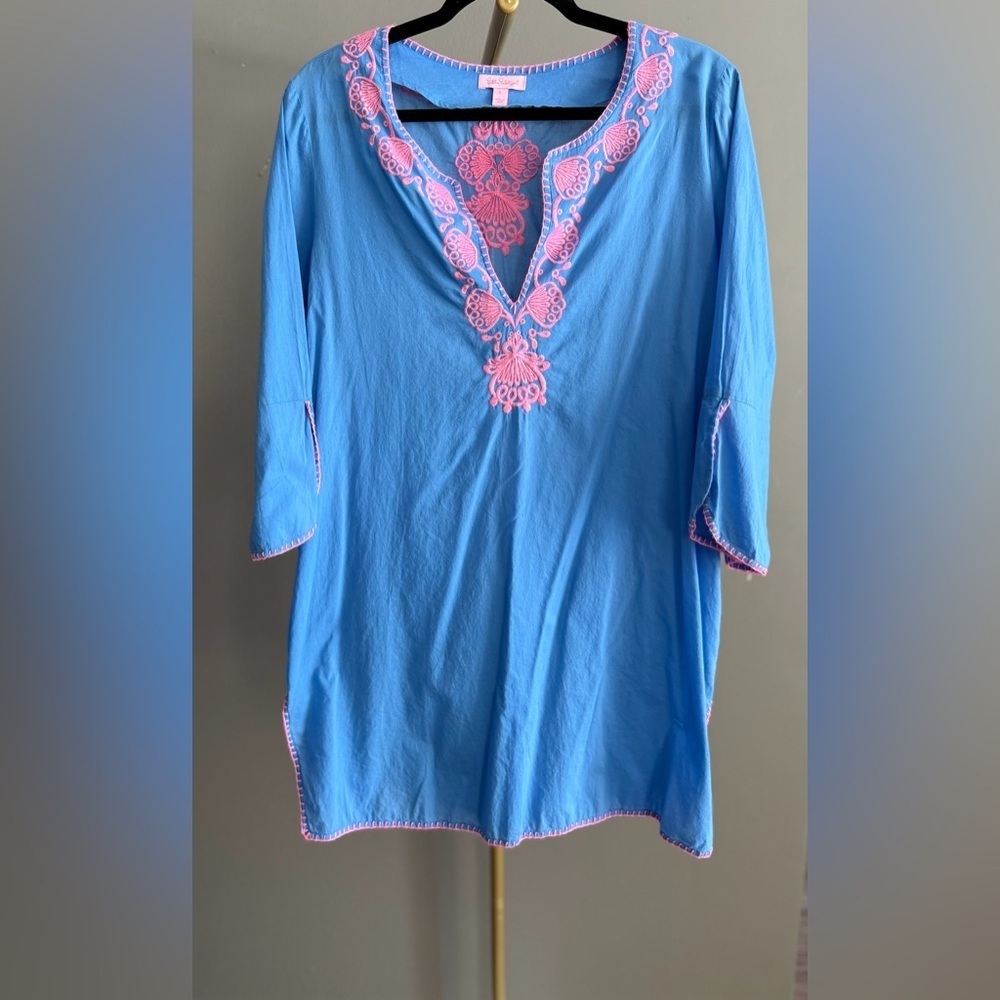Lilly Pulitzer Piet Blue Pink Embroidered Tunic Cover Up Mini Dress Resort